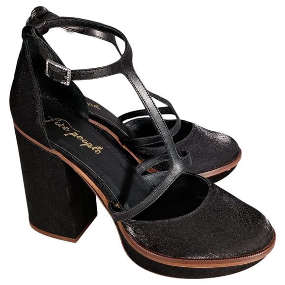 Free People Sandals 9.5 Womens Black Textile Platform Block Ultra High Buckle - Picture 1 of 10